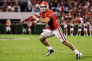 September 15, 2012; Athens, GA, USA; Georgia Bulldogs quarterback Aaron Murray (11) rolls out on a pass play in the second half against the Florida Atlantic Owls at Sanford Stadium. Georgia won 56-20. Mandatory Credit: Daniel Shirey-US PRESSWIRE