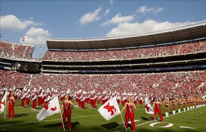 Million Dollar band - FAU game 2012 September 22, 2012; Tuscaloosa, AL, USA; Alabama Crimson Tide marching band the Million Dollar Band take to the field before the start of their game against the Florida Atlantic Owls at Bryant Denny Stadium. Photo Credit: John David Mercer-US PRESSWIRE