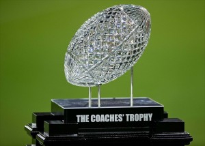 Nov. 24, 2012; Los Angeles, CA, USA; A detailed view of the Coaches Trophy on the sideline of the Los Angeles Memorial Coliseum during the game between the USC Trojans and the Notre Dame Fighting Irish. Notre Dame won 22-13. (Matt Cashore-USA TODAY Sports)
