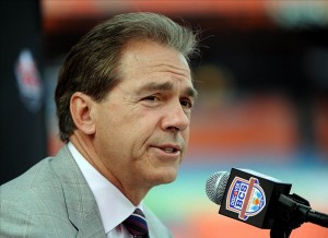 Nick Saban Jan 5, 2013; Miami FL, USA; Alabama Crimson Tide head coach Nick Saban during media day for the BCS championship game at Sun Life Stadium. (Steve Mitchell-USA TODAY Sports)