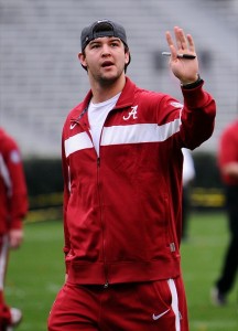 Jan. 21, 2012; Tuscaloosa, AL, USA; Alabama Crimson Tide quarterback A.J. McCarron waves to the crowd after the Alabama Football National Championship Celebration at Bryant-Denny Stadium. Mandatory Credit: Kelly Lambert-USA TODAY Sports