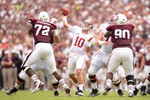 Sep 14, 2013; College Station, TX, USA; Alabama Crimson Tide quarterback A.J. McCarron (10) passes against the Texas A&M Aggies during the first half at Kyle Field. Photo Credit: Thomas Campbell-USA TODAY Sports