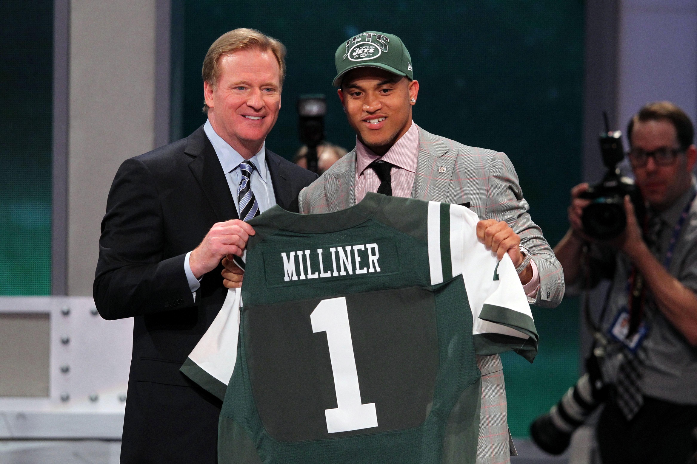 Apr 25, 2013; New York, NY, USA; NFL commissioner Roger Goodell introduces cornerback Dee Milliner (Alabama) as the ninth overall pick of the 2013 NFL Draft by the New York Jets at Radio City Music Hall. Mandatory Credit: Brad Penner-USA TODAY Sports