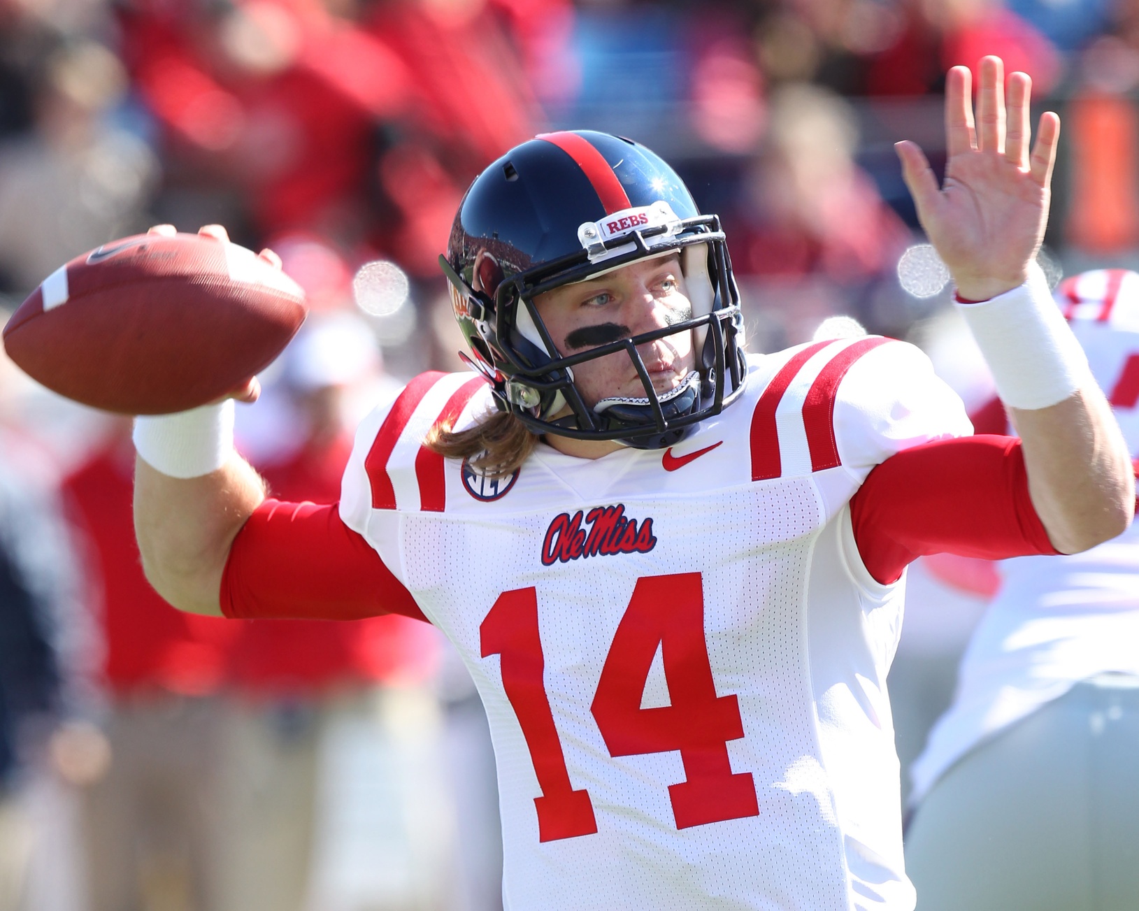 Oct 27, 2012; Little Rock, AR, USA; Ole Miss Rebels quarterback Bo Wallace (14) looks to pass against the Arkansas Razorbacks at War Memorial Stadium. Photo Credit: Nelson Chenault-USA TODAY Sports