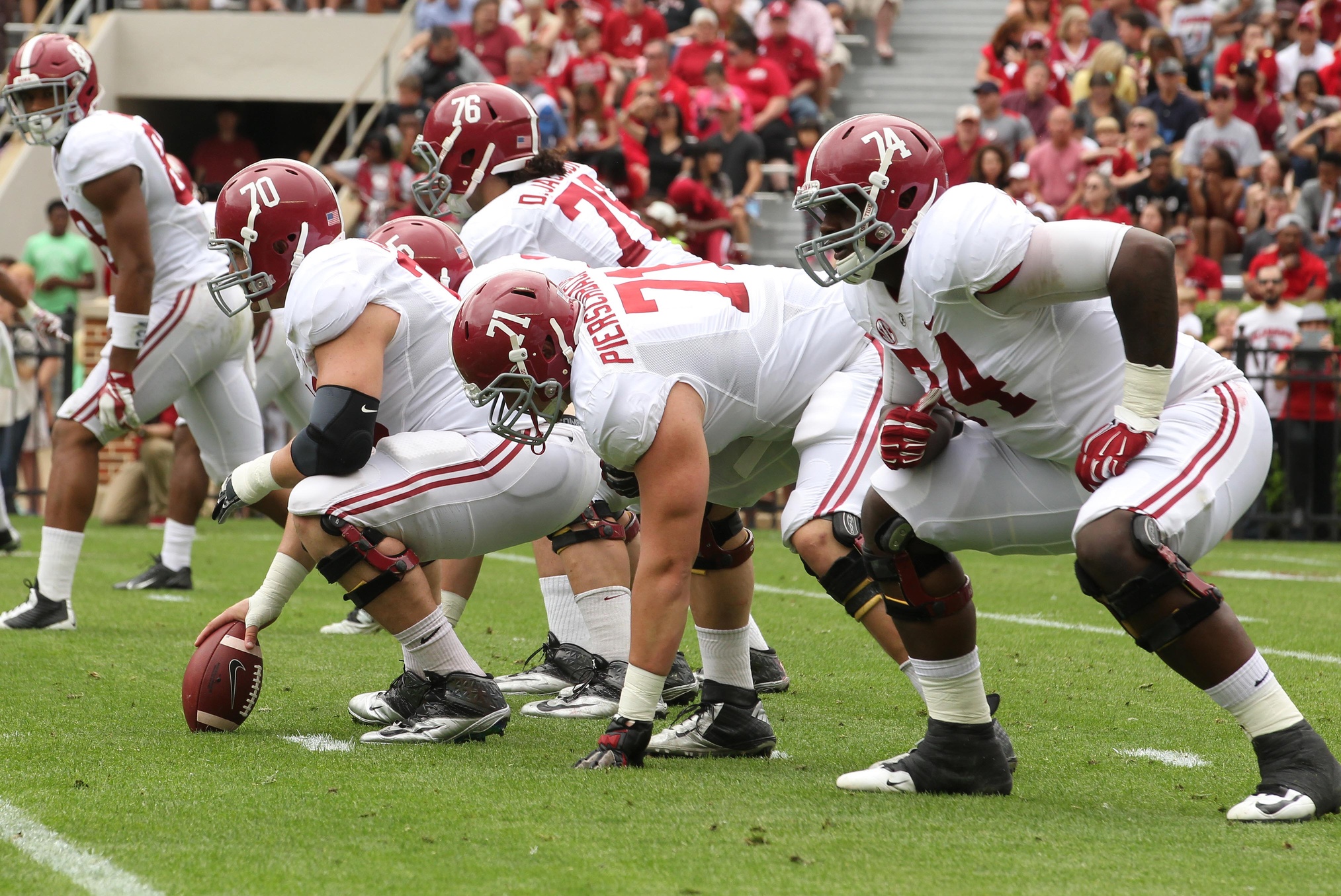 Apr 18, 2015; Tuscaloosa, AL, USA; Alabama Crimson Tide offensive line during the A-day game at Bryant Denny Stadium. Mandatory Credit: Marvin Gentry-USA TODAY Sports