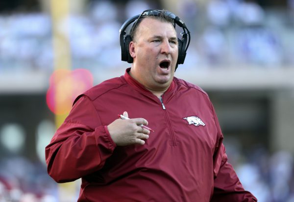 Sep 10, 2016; Fort Worth, TX, USA; Arkansas Razorbacks head coach Bret Bielema reacts during the first quarter against the TCU Horned Frogs at Amon G. Carter Stadium. Mandatory Credit: Kevin Jairaj-USA TODAY Sports