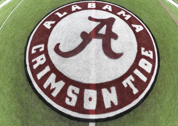 Dec 4, 2015; Atlanta, GA, USA; The Alabama Crimson Tide logo on the playing field at the Georgia Dome in preparation for the SEC Championship Saturday. Mandatory Credit: John David Mercer-USA TODAY Sports
