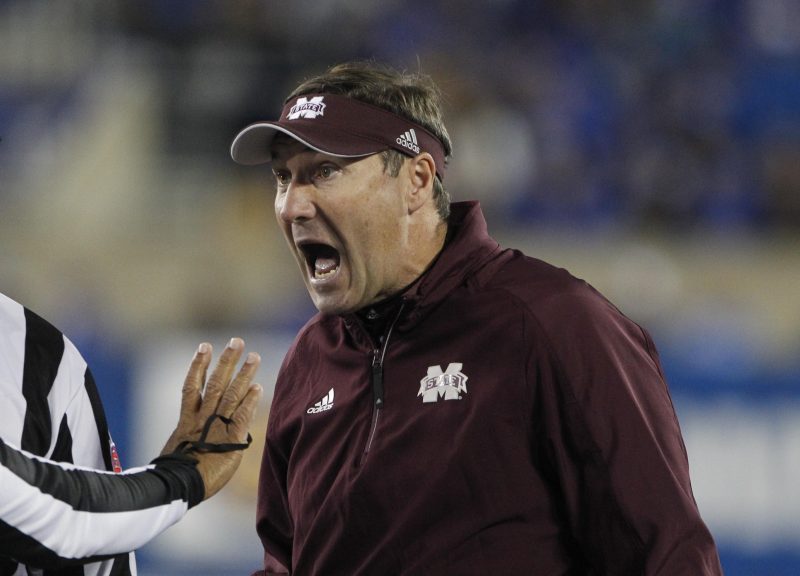 Oct 22, 2016; Lexington, KY, USA; Mississippi State Bulldogs head coach Dan Mullen reacts to a call during the game against the Kentucky Wildcats in the first half at Commonwealth Stadium. Mandatory Credit: Mark Zerof-USA TODAY Sports