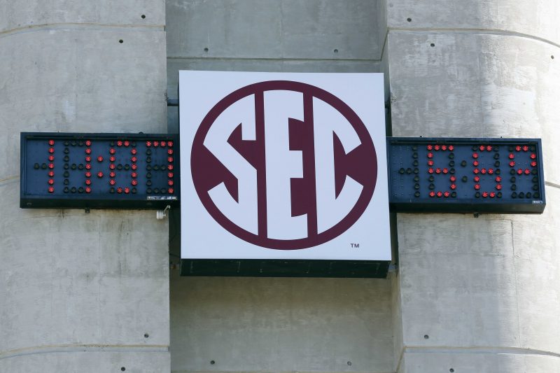 Oct 19, 2013; College Station, TX, USA; A general view of the SEC logo before the game between theTexas A&M Aggies and the Auburn Tigers at Kyle Field. Mandatory Credit: Soobum Im-USA TODAY Sports
