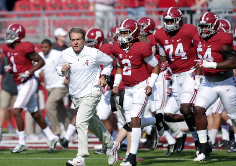 Nov 12, 2016; Tuscaloosa, AL, USA; Alabama Crimson Tide head coach Nick Saban brings his team onto the field prior to the playing Mississippi State Bulldogs at Bryant-Denny Stadium. Mandatory Credit: Marvin Gentry-USA TODAY Sports