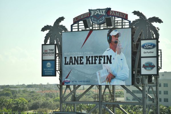 Dec 13, 2016; Boca Raton, FL, USA; A general view of the scoreboard welcoming new Florida Atlantic Owls head coach Lane Kiffin at FAU Football Stadium. Mandatory Credit: Jasen Vinlove-USA TODAY Sports