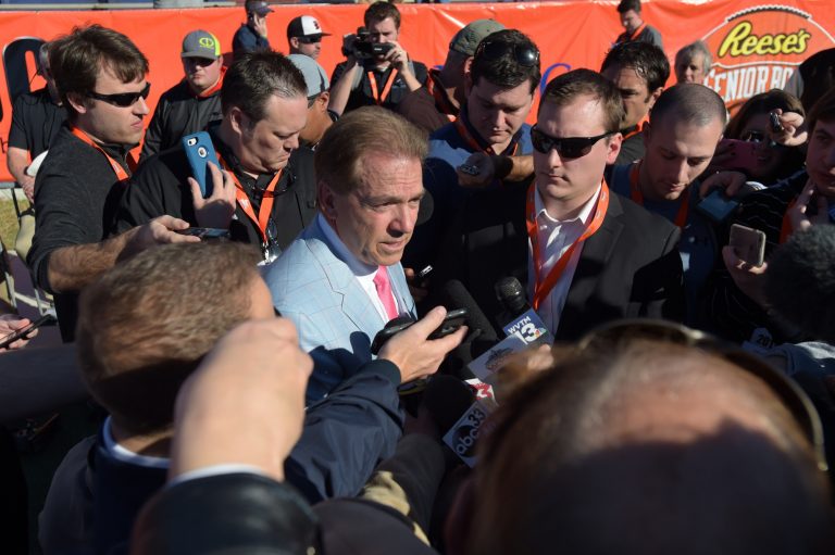 Jan 24, 2017; Mobile, AL, USA; Alabama Crimson Tide head coach Nick Saban is interviewed on the sidelines during South Squad practice at Ladd-Peebles Stadium. Mandatory Credit: Glenn Andrews-USA TODAY Sports