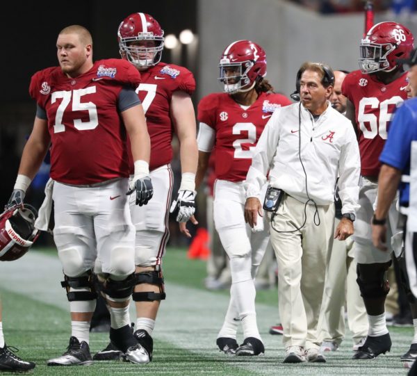 Sep 2, 2017; Atlanta, GA, USA; Alabama Crimson Tide head coach Nick Saban on the sideline with offensive lineman Bradley Bozeman (75), offensive lineman Matt Womack (77), quarterback Jalen Hurts (2) and offensive lineman Lester Cotton (66) in the second half against the Florida State Seminoles at Mercedes-Benz Stadium. Mandatory Credit: Jason Getz-USA TODAY Sports
