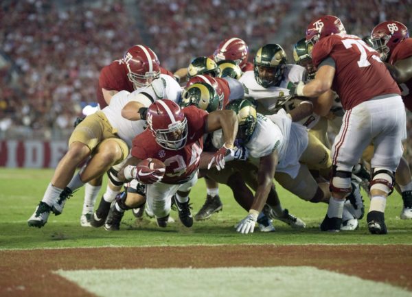 Sep 16, 2017; Tuscaloosa, AL, USA; Alabama Crimson Tide running back Damien Harris (34) scores a touchdown against Colorado State Rams during the third quarter at Bryant-Denny Stadium. Mandatory Credit: Marvin Gentry-USA TODAY Sports