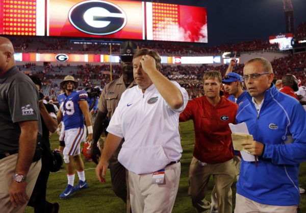 Oct 28, 2017; Jacksonville, FL, USA; Florida Gators head coach Jim McElwain walks off the field as he lost to the Georgia Bulldogs at EverBank Field. Mandatory Credit: Kim Klement-USA TODAY Sports