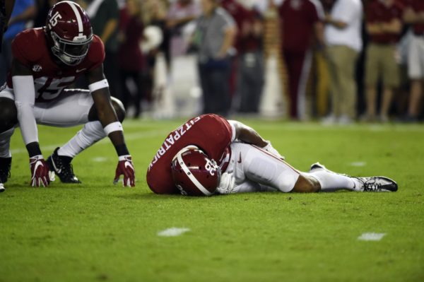 Nov 4, 2017; Tuscaloosa, AL, USA; Alabama Crimson Tide defensive back Minkah Fitzpatrick (29) lay on the field during the first quarter against the LSU Tigers at Bryant-Denny Stadium. Mandatory Credit: Adam Hagy-USA TODAY Sports