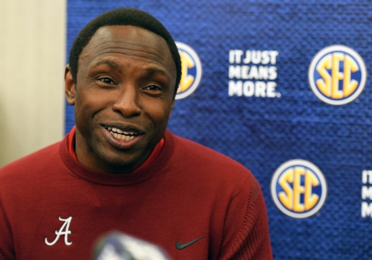 Oct 18, 2017; Nashville, TN, USA; Alabama Crimson Tide head coach Avery Johnson talks with members of the media during SEC Media Day at the Omni Hotel. Mandatory Credit: Christopher Hanewinckel-USA TODAY Sports