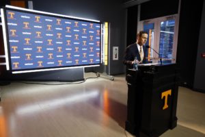 Nov 12, 2017; Knoxville, TN, USA; University of Tennessee athletic director John Currie speaks during a press conference announcing the firing of head football coach Butch Jones. Mandatory Credit: Wade Payne/Knoxville News Sentinel via USA TODAY Sports
