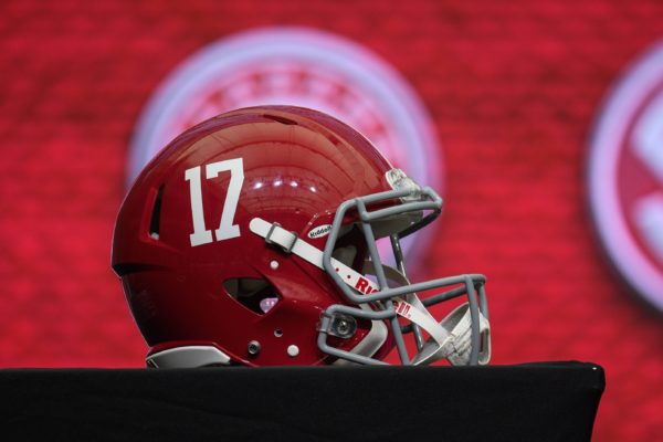 Jul 18, 2018; Atlanta, GA, USA; An Alabama Crimson Tide helmet is shown on the main stage during SEC football media day at the College Football Hall of Fame. Mandatory Credit: Dale Zanine-USA TODAY Sports