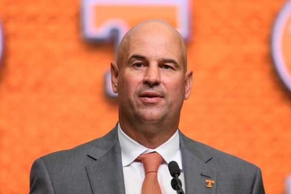 Jul 18, 2018; Atlanta, GA, USA; Tennessee Volunteers head coach Jeremy Pruitt addresses the media during SEC football media day at the College Football Hall of Fame. Mandatory Credit: Dale Zanine-USA TODAY Sports
