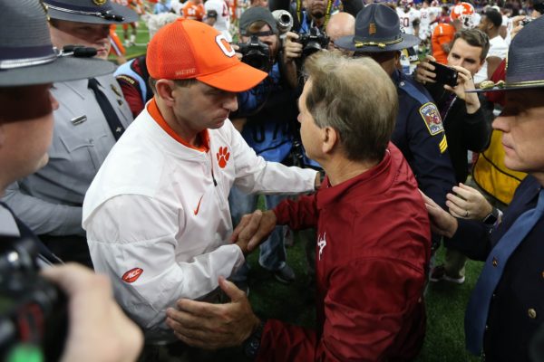 Jan 1, 2018; New Orleans, LA, USA; Clemson Tigers head coach Dabo Swinney greets Alabama Crimson Tide head coach Nick Saban after the game in the 2018 Sugar Bowl college football playoff semifinal game at Mercedes-Benz Superdome. Mandatory Credit: Chuck Cook-USA TODAY Sports
